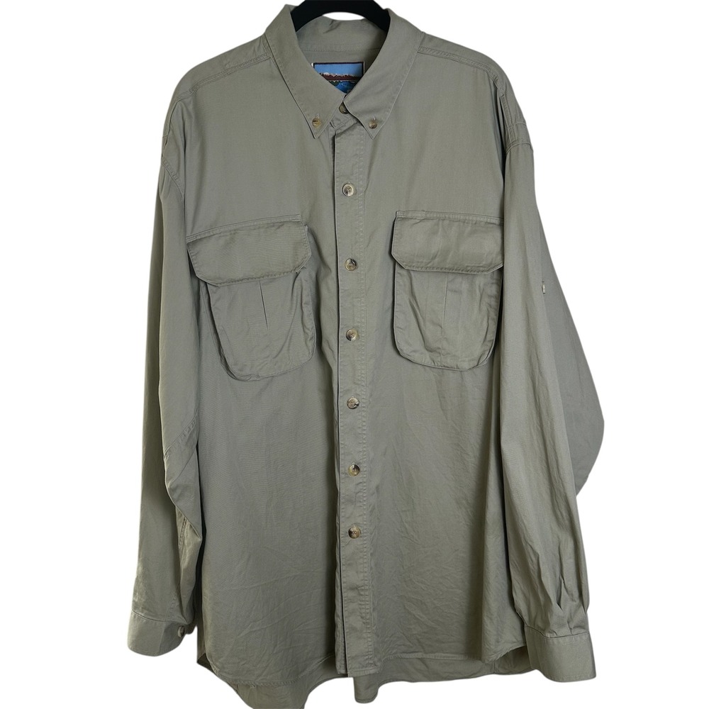 Pacific Fly Mens Khaki Long Sleeve Button Up Shirt XL‎ 100% Cotton Two Pocket